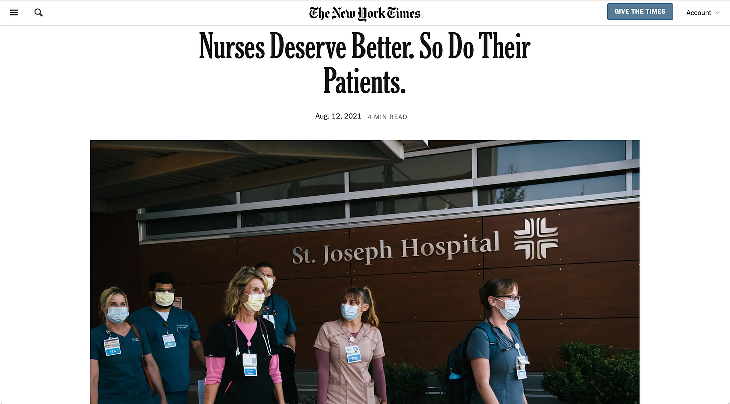 Screenshot from Linda Aiken’s influential New York Times article calling for nurse staffing reform