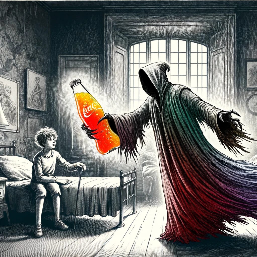 Imagine a mascot for a well-known soft drink, designed in the style of a 19th-century gothic etching. The character is draped in a flowing, dynamic cloak, akin to a figure from a classic horror tale. It is in a dim, old-fashioned room, offering a brightly colored fizzy drink to a child seated on a bed. The room suggests a sense of mystery and the historical past, with the drink's vivid color providing a stark contrast against the moody, dark tones of the setting and the character's attire. The scene should evoke intrigue and a touch of caution, with a balance between the inviting nature of the drink and the gothic ambiance.