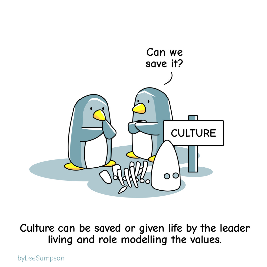 A leadership cartoon featuring penguins disucssing saving culture, by Lee Sampspon.