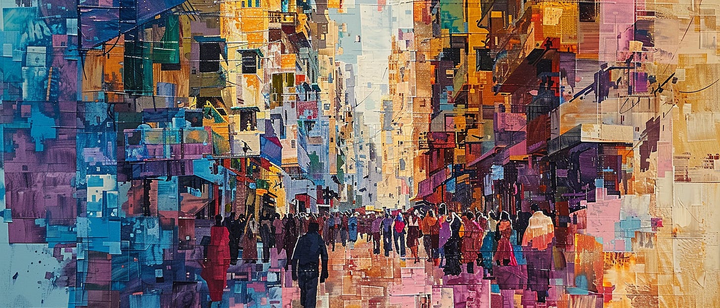 A vibrant, abstract painting of a busy urban street, filled with people walking among colorful, geometric buildings bathed in warm sunlight.