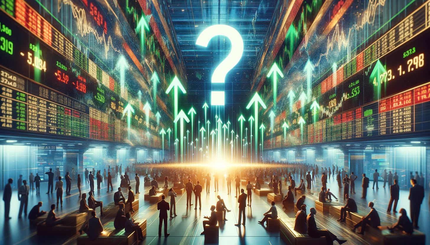 A wide, horizontal conceptual artwork capturing the essence of stock markets at their peak, inviting speculation on the advisability of selling. The scene unfolds in a bustling, vibrant stock exchange filled with dynamic displays of green arrows pointing upwards, symbolizing soaring stock prices and historical highs. In the midst of this financial frenzy, a diverse group of investors gathers, their focus drawn to a large, luminous question mark suspended in the air above the market, representing the uncertainty and strategic considerations of whether to sell at the apex. The atmosphere should evoke a blend of modern financial dynamics and abstract interpretation, filled with anticipation and the gravity of making significant decisions.