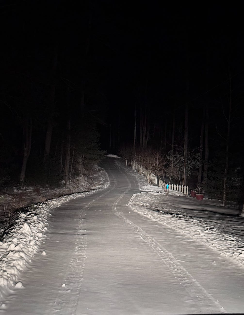 A snow-covered road that winds through a forest. It is night and the sky is pitch black.