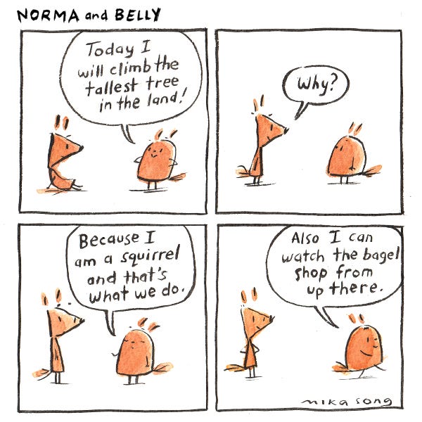 Belly the round squirrel tells Norma the pointy squirrel that today they are going to climb the tallest tree around. Norma asks why. Belly replies that it’s what squirrels do. As Belly walks away she adds that she can also see when the bagel shop put the old bagels outside from up high.