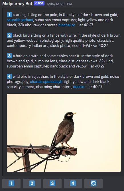 Midjourney "describe" output for an image of a bird on a pole