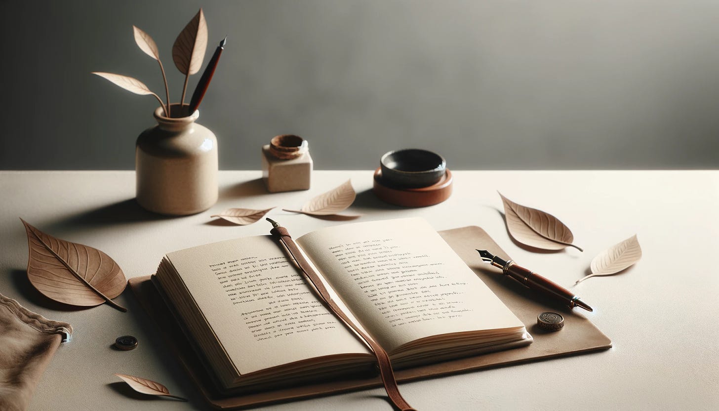 A minimalistic and refined 16:9 image representing the contemplation of poetry and journaling. The scene should be calm and introspective, with a writer's desk visible. The desk holds an open journal, a vintage fountain pen, and a few scattered loose leaves with poetic verses visible. The background should be a soft, muted color, giving a serene, thoughtful atmosphere. The focus should be on the simplicity and elegance of the composition, emphasizing the theme of reflection and creativity.