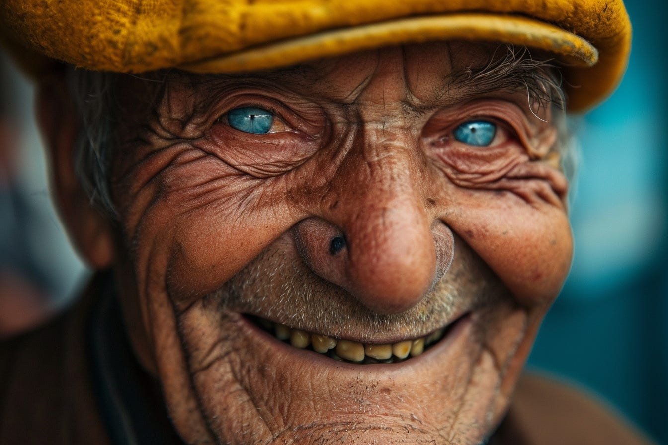 Photo of an old man's face. He has bright blue eyes, a black wart on his nose, and is wearing a yellow cap. He is laughing and we can see that his teeth are crooked. - Midjourney V6 image