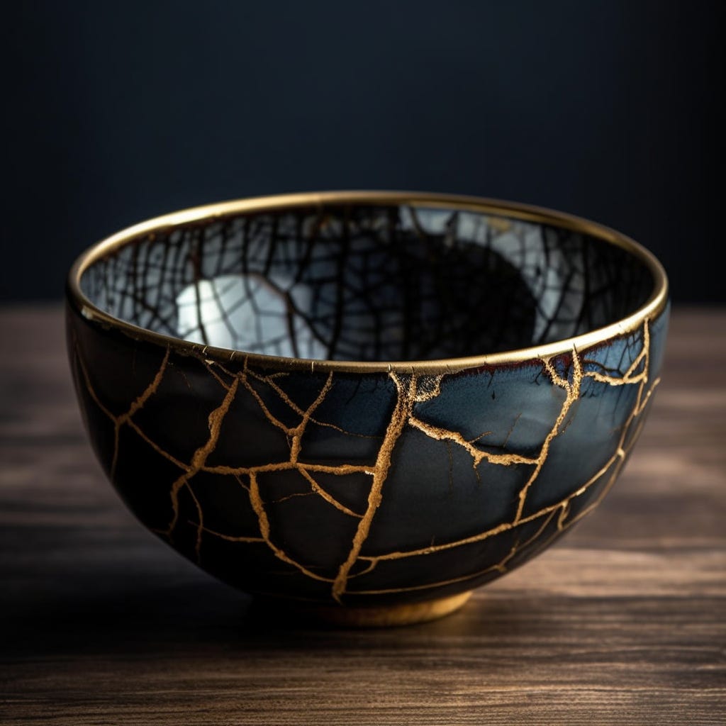 Dark grey bowl with many cracks repaired and dusted with gold rests on a wooden surface.