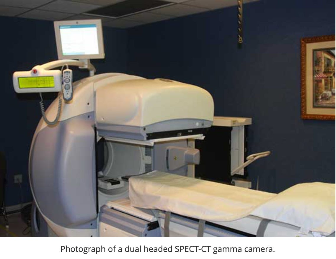 Photograph of a dual headed Spect-ct gamma camera.