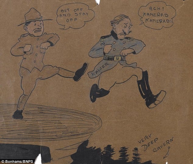 Kibosh on the Kaiser: This cartoon by Disney shows a U.S. soldier booting Wilhelm II off of a tall cliff