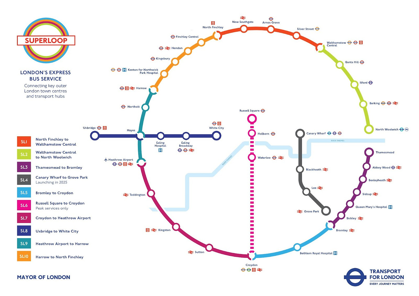 A map of London's Superloop, a network of express bus services in the outer boroughs.