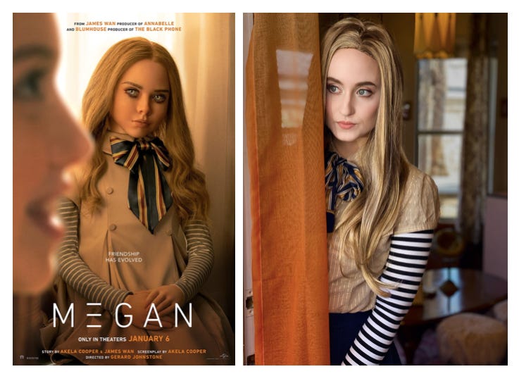 The poster for the movie M3gan (Megan) next to a photo of me dressed as M3gan peeking out from behind a curtain.