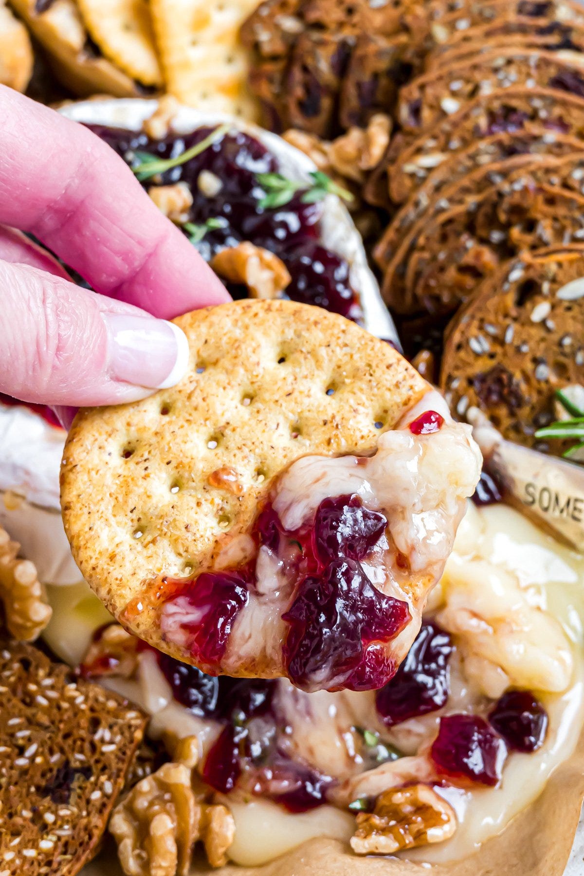 A cracker scooping up some melted brie and raspberry preserves.