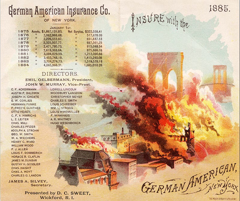Brochure that says "German American Insurance Co of New York" and burning bridges