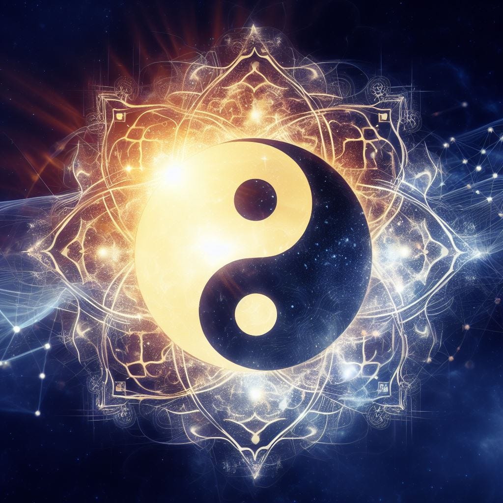 Quantum mystical enlightenment including a yin-yang symbol.