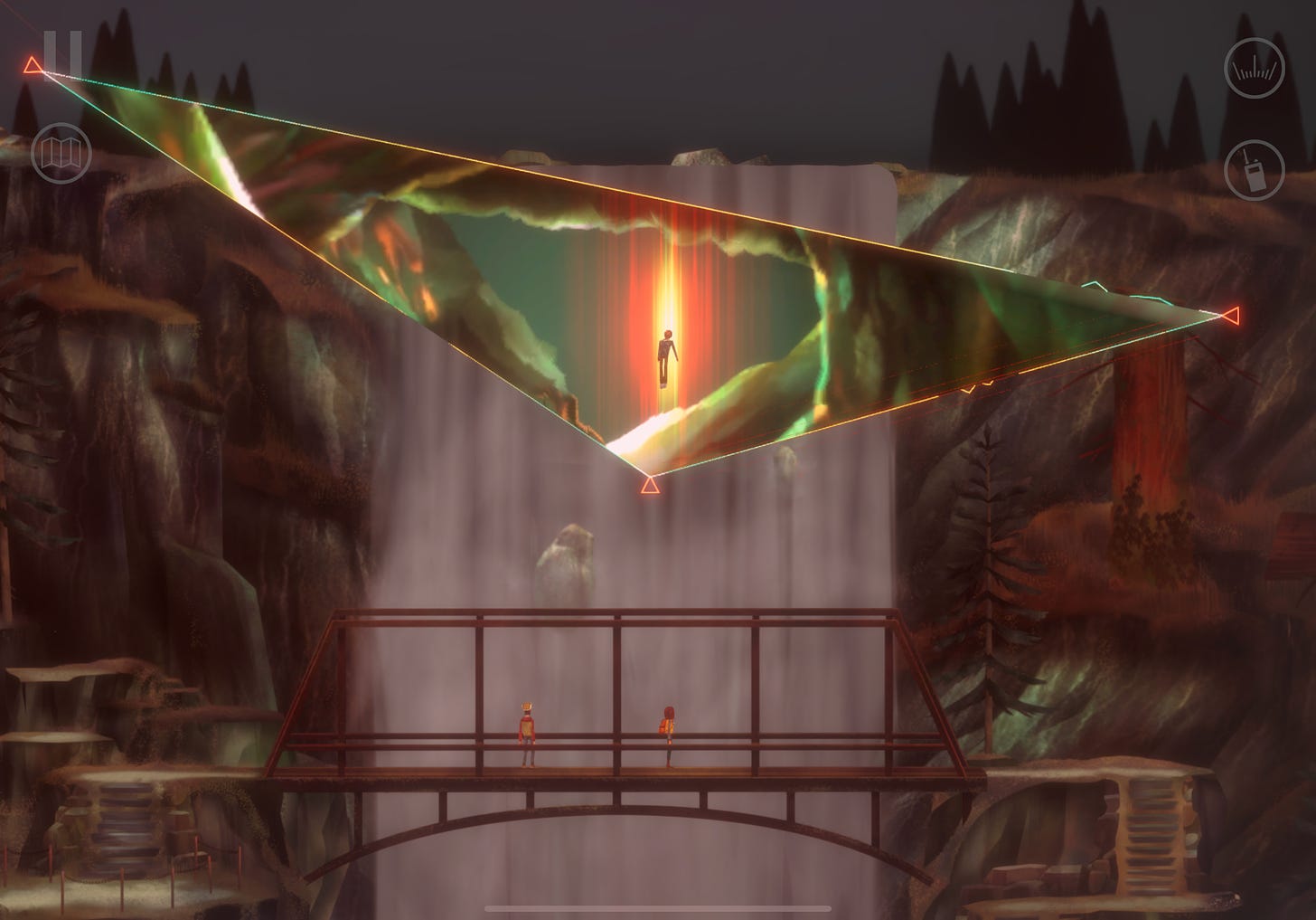 Two people stand on a bridge in front of a waterfall, looking up at a triangular portal with a body floating inside