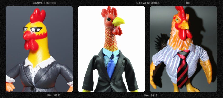 Three portraits of rubber chickens dressed in business clothes