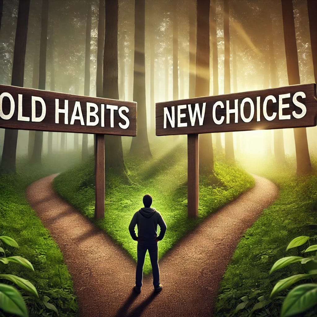 A split image showing two diverging forest paths, one labeled 'Old Habits' and the other 'New Choices,' with a person standing at the fork, starting to walk toward the 'New Choices' path. The 'Old Habits' path is slightly overgrown and shadowed, while the 'New Choices' path is bright with sunlight filtering through the trees. This image symbolizes a transformation in decision-making and new direction, inspired by breakthrough medications.