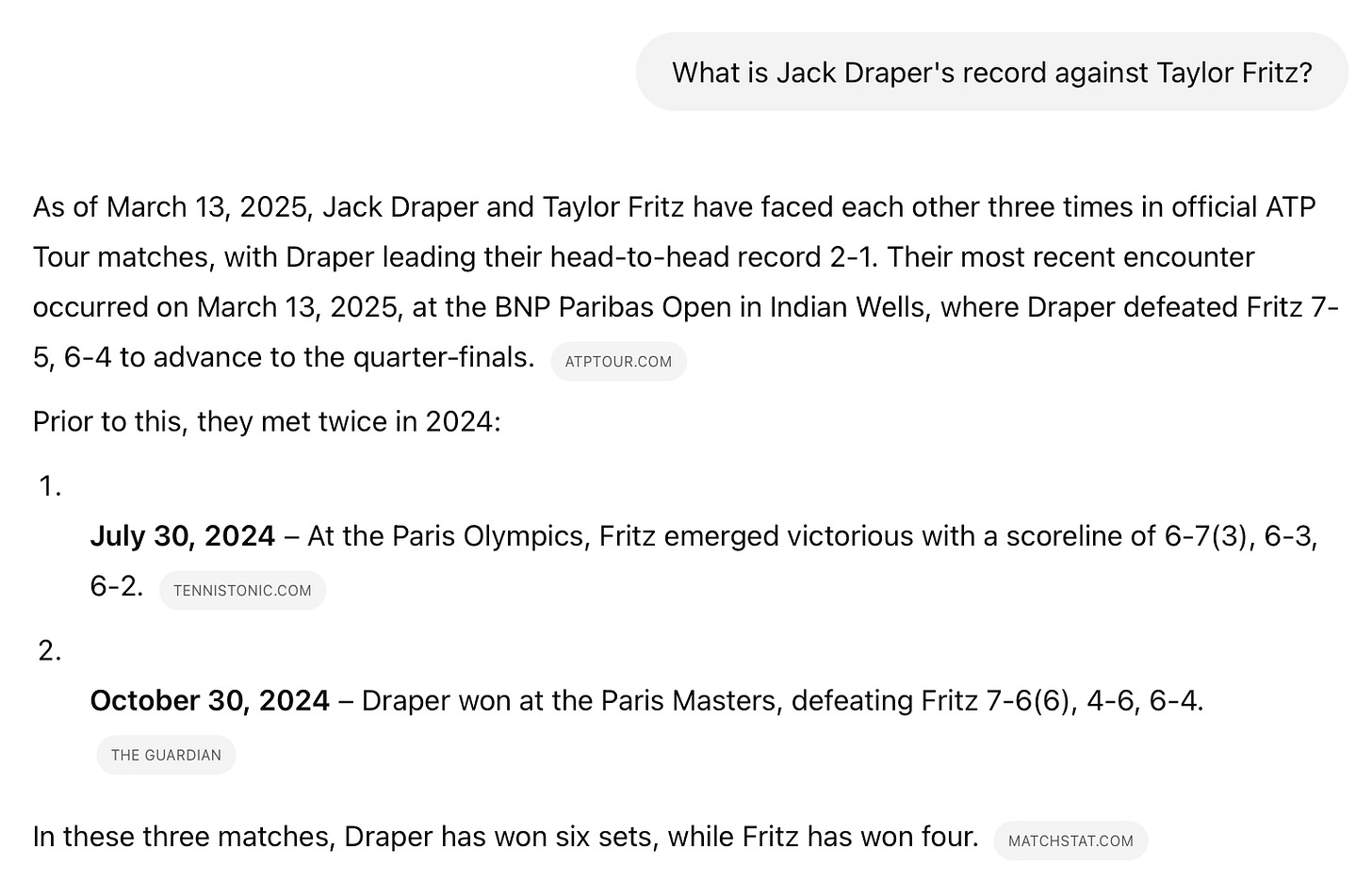 ChatGPT's answer to "what is Jack Draper's record against Taylor Fritz?". Some of the details are wrong, notably the number of times they have met.