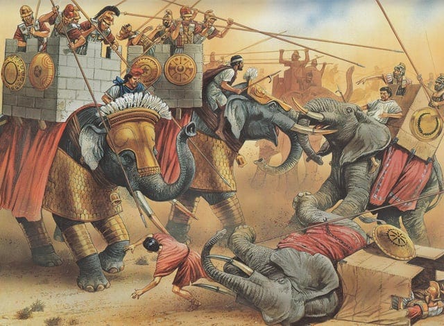 r/BattlePaintings - Ptolemy vs. Seleucid, Elephant vs. Elephant - the Battle of Raphia, 217 BC - art by Peter Dennis