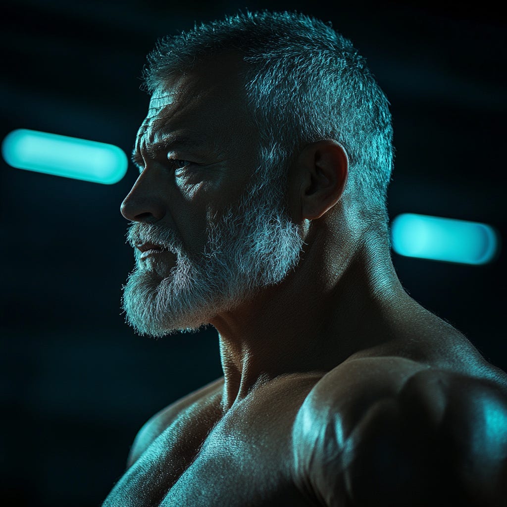 Massive, muscular older man training in a dark gym