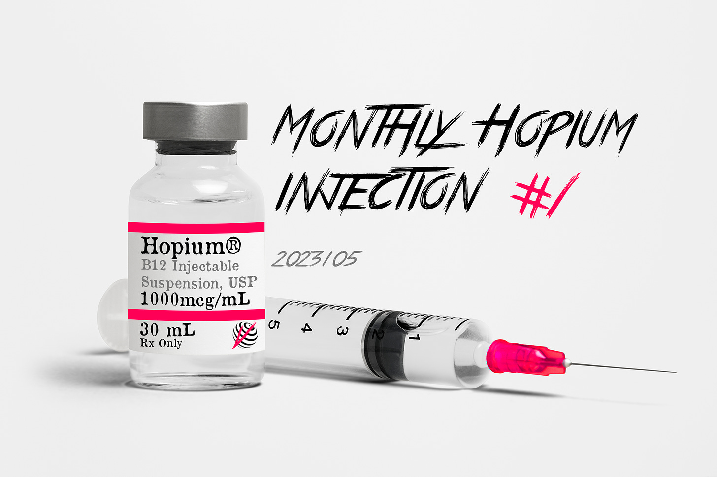 A custom vial of Hopium B12 Injectable Suspension, USP 1000mcg/mL 30mL Rx Only with the VEGAN WORLD NOW Logo and a syringe behind it. Above lies the text "Monthly Hopium Injection #1 2023/05"