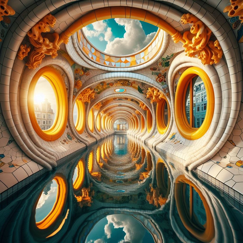 Hyper realistic; tilt shift; mirror pool echo with coral Quatrefoil: cream Gothic Tracery: Louver  yellow and chartreuse decorative ceiling tiles.Hundertwasserhaus, Vienna, Austria: Amsterdam Canal Houses, Amsterdam, Netherlands. Crystal sky. sunny sky, fluffy clouds. Vast distance. sunshower. radiant spiraling into a portal