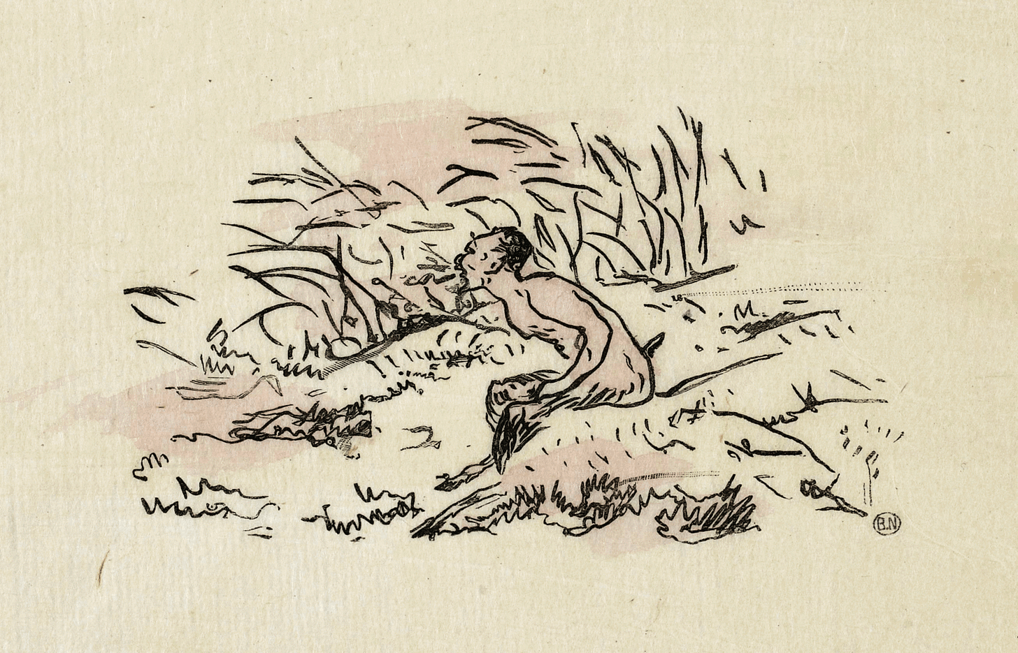 Line drawing by Eduouard Manet depicting a faun (half-man, half-goat) in a lush meadow