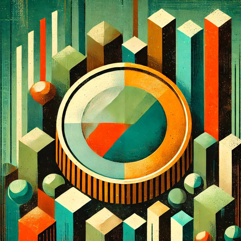An abstract, two-dimensional painting representing financial reform and budget cuts. A single large, geometric coin sits as the focal point, symbolizing economic balance and austerity. Surrounding the coin are simplified, flat shapes and blocks of color in shades of green and brown, with hints of red and orange to signify different sectors like environment and social services. The brushstrokes are visible and lively, adding texture and energy to the composition. The overall style is flat and decorative, evoking feelings of tension, contemplation, and change.