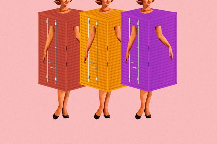 Illustration of three women wearing shipping containers as dresses.
