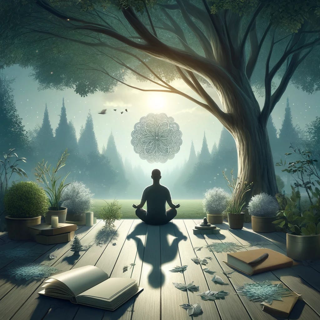 A tranquil and reflective illustration for a spiritual blog post, depicting a serene environment ideal for meditation and self-reflection. The scene should show a person sitting peacefully under a large, leafy tree in a quiet park, embodying a state of introspection and self-awareness. This person is surrounded by symbols that represent spiritual growth, such as scattered books, a journal, and a faint image of a shadow that symbolizes confronting one's inner self. The setting is calm and inviting, with soft natural lighting that enhances the mood of contemplation and inner peace, perfectly illustrating the theme of avoiding spiritual bypass and promoting genuine spiritual growth.