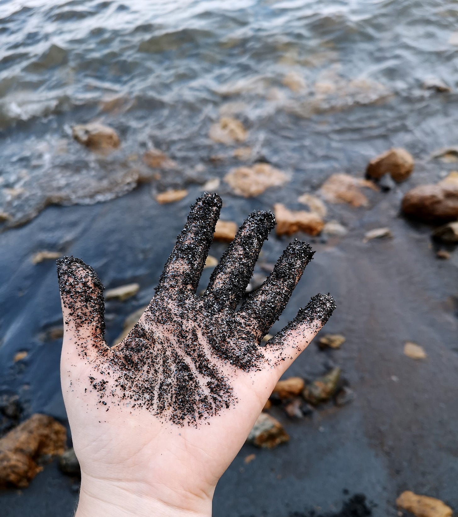 Hand against beach background covered in black and silver hematite sand. Elba island 