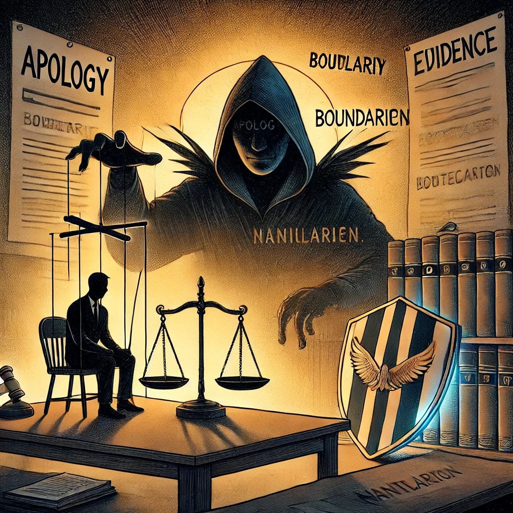 A thought-provoking illustration of a courtroom with a shadowy, manipulative figure sitting smugly at one table, holding a puppet string connected to a document labeled 'Apology.' At the other table, a person sits with a shield labeled 'Boundaries,' surrounded by glowing records and documents symbolizing evidence and protection. The background shows a symbolic scale of justice tilted unfairly, with the shadowy figure's side weighted down by a sack labeled 'Manipulation.' The overall tone is cautionary, emphasizing the power dynamics of manipulation in legal disputes.