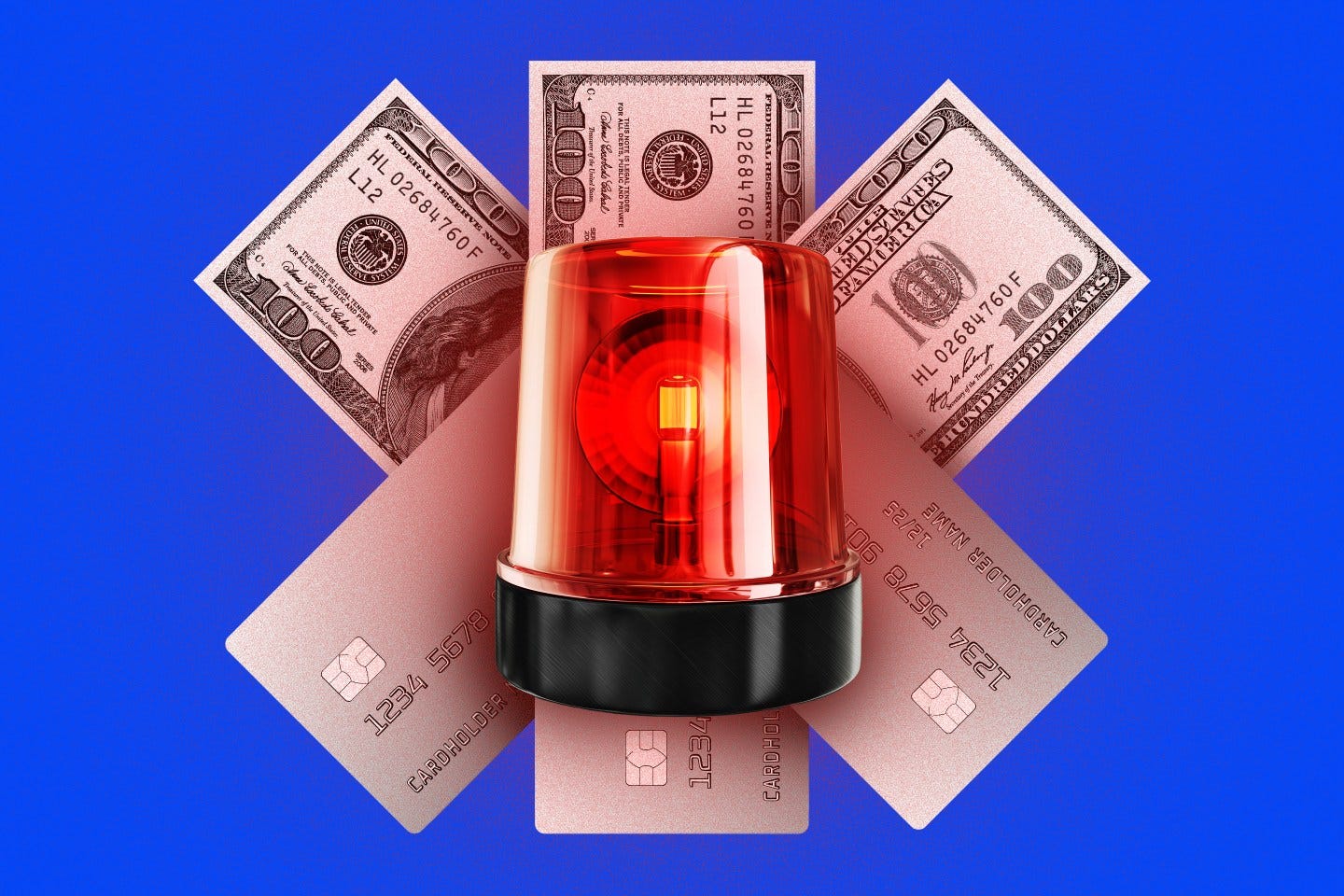 Photo illustration of a red emergency siren on top of a fanned out pile of money and credit cards.