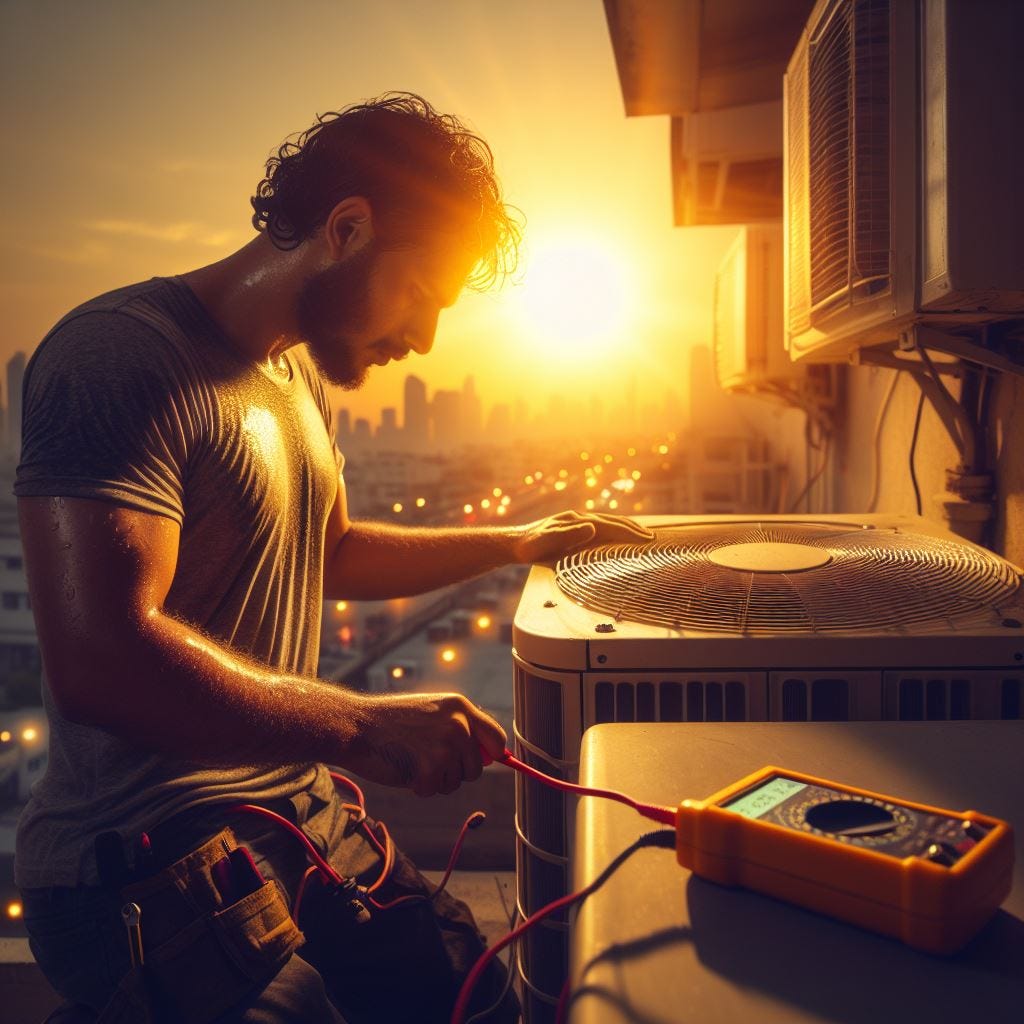 A narrative-driven chiascuro style image of a dedicated AC repairman working under the scorching sun during Ramadan, with an emphasis on shadows and without the narrator in the background. The repairman, in a sweat-drenched gray t-shirt, is meticulously working on the AC unit with a multimeter beside him, symbolizing his dedication and effort despite fasting. The sun casts a warm glow, emphasizing the challenging conditions. A setting sun in the background hints at the approaching iftar.