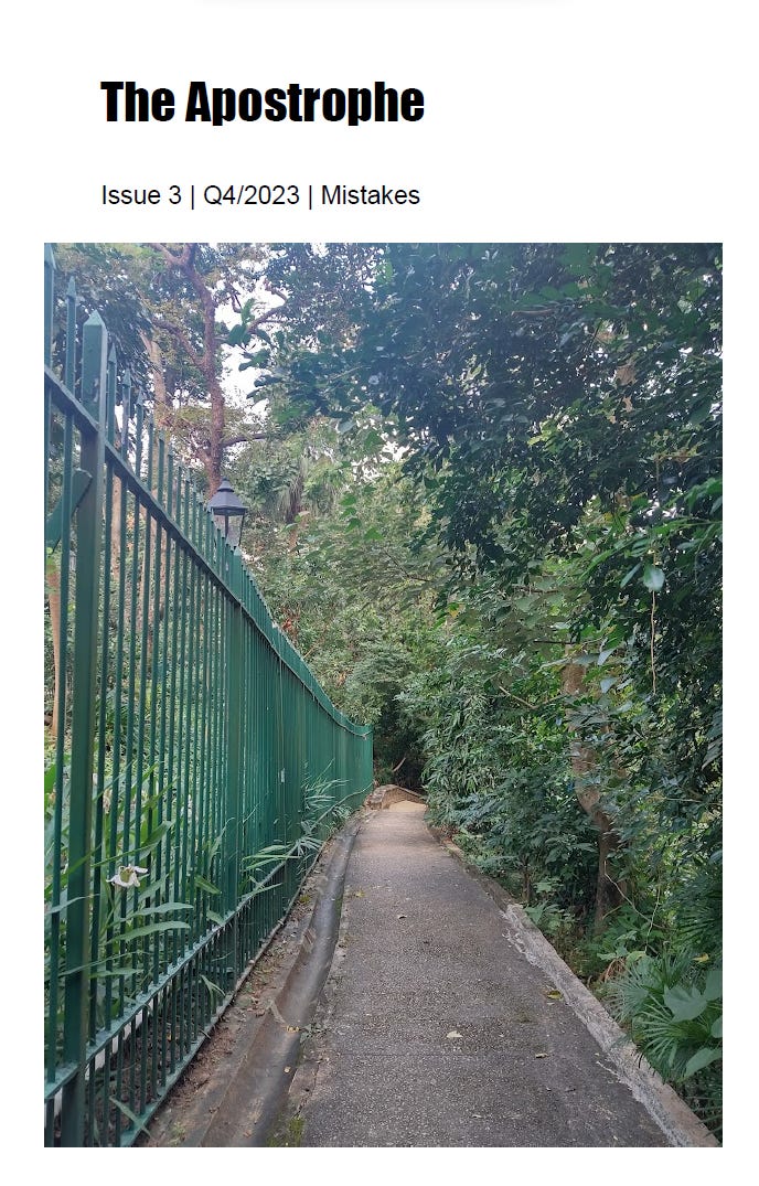 The Apostrophe cover image Issue 3 Q4/2023 Mistakes - a tree-covered pathway 