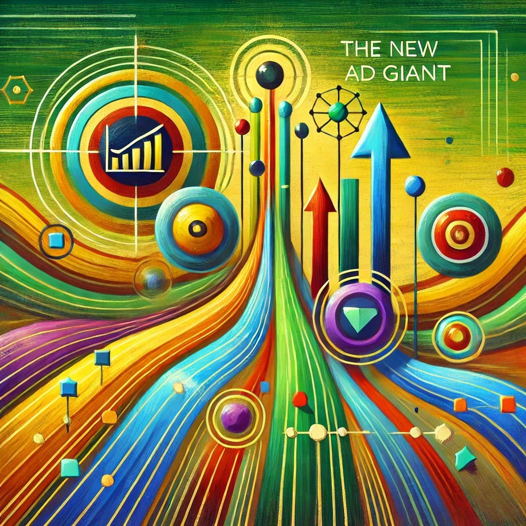 An abstract painting titled 'The New Ad Giant'. In the center, a large, bold shape represents a giant, symbolizing a powerful presence in bright yellow and orange. Around it, wavy lines in shades of blue and green flow outward, representing streaming content and interconnected data. Interlocking circles in red, purple, and teal overlap, symbolizing interconnectedness of data and advertising. Several upward-pointing arrows in green and gold emerge, symbolizing growth and increasing revenue. Small squares and dots in various bright colors are scattered, representing diverse audience data points. The background is a gradient from dark green to light blue, with visible brushstrokes adding a lively texture, creating a flat, two-dimensional appearance with a playful yet powerful aesthetic.