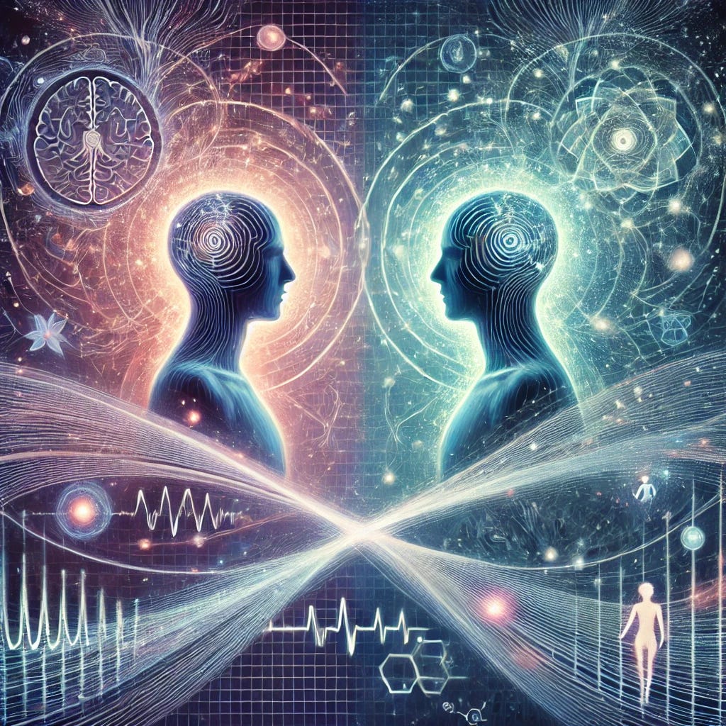 A thought-provoking illustration depicting the concept of telepathy, blending science and mysticism. Two human silhouettes are shown in the foreground, facing each other, with glowing, translucent waves or energy fields connecting them to symbolize the transfer of thoughts or emotions. The background combines elements of modern science, such as EEG patterns, fMRI scans, or a laboratory setting, with ethereal, glowing patterns representing consciousness or quantum entanglement. The overall color palette uses cool tones like blues and purples to evoke mystery and credibility. The atmosphere should feel balanced between scientific inquiry and wonder.