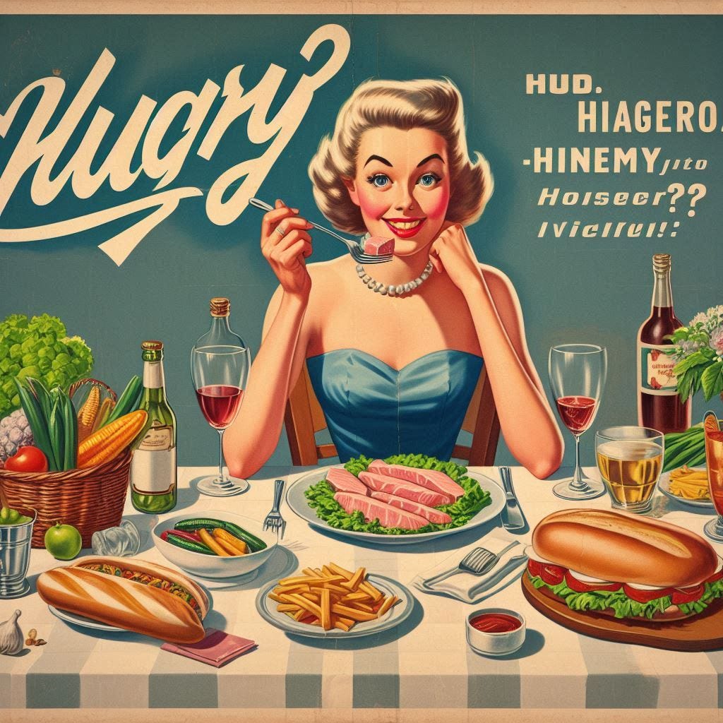 Vintage 1950s poster for a diner with the word "Hungry?" by DALL-E 3