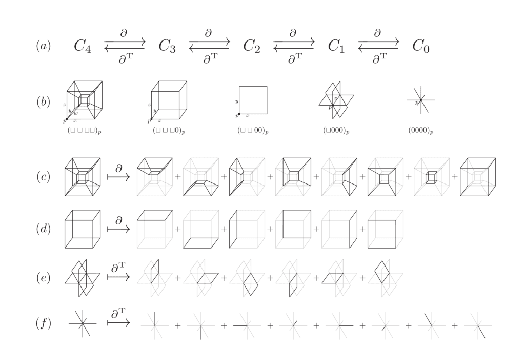 Microsoft Blueprint For Topological Qubits. Enhanced Quantum Error Correction 4D loop-only toric code. (a) Chain complex on a 4D hypercubic lattice with vector spaces Ck of k-cells (k = 0,...,4) connected by boundary (∂) and coboundary (∂⊤) operators. (b) Cell notation: coordinates show dimensions fixed at 0 or spanning an interval (⊔) from reference point p. (c) Each 4-cell boundary has eight 3-cells whose Z-stabilizer product equals identity (redundancy). (d) Each 3-cell boundary has six 2-cells where the Z-stabilizer acts on qubits. (e) Coboundary of a 1-cell gives six 2-cells defining X-stabilizer support. (f) Coboundary of a 0-cell yields eight 1-cells, creating X-stabilizer redundancy.