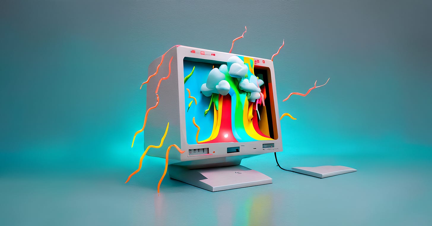 A computer with a rainbow storm screen
