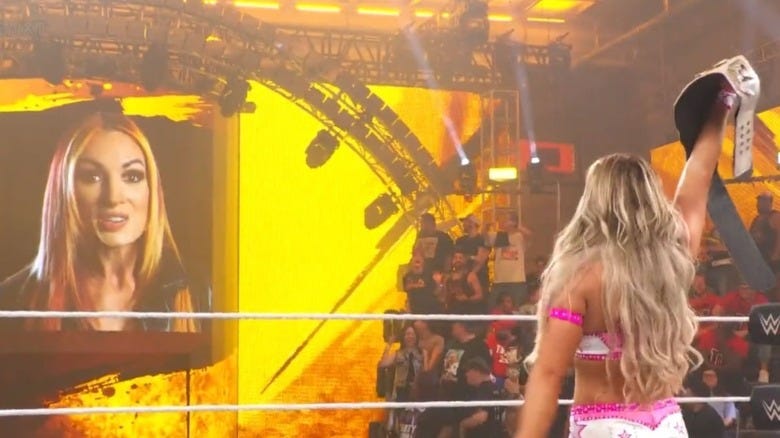 Becky Lynch appears on the tron during an episode of "WWE NXT" to challenge Women's Champion Tiffany Stratton.