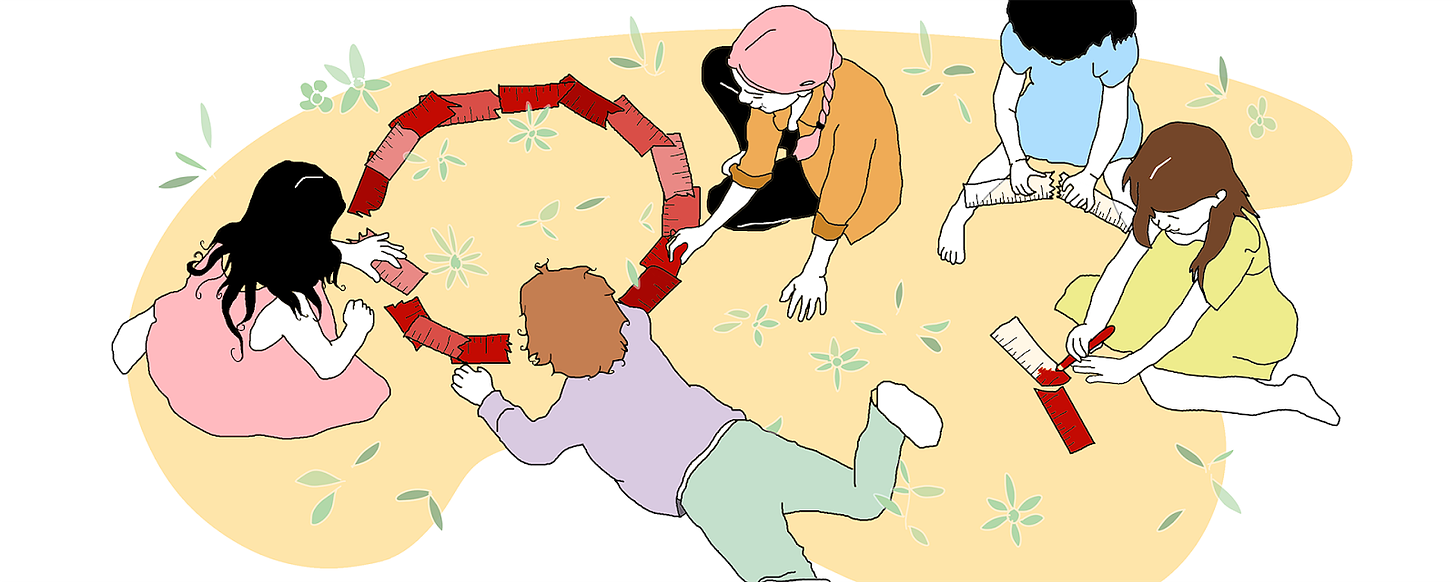 ilustración sobre salud menstrual en la que aparecen varias niñas jugando con reglas rojas