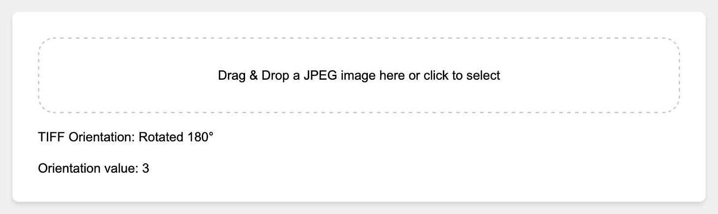 Drag & Drop a JPEG image here or click to select. TIFF Orientation: Rotated 180°. Orientation value: 3