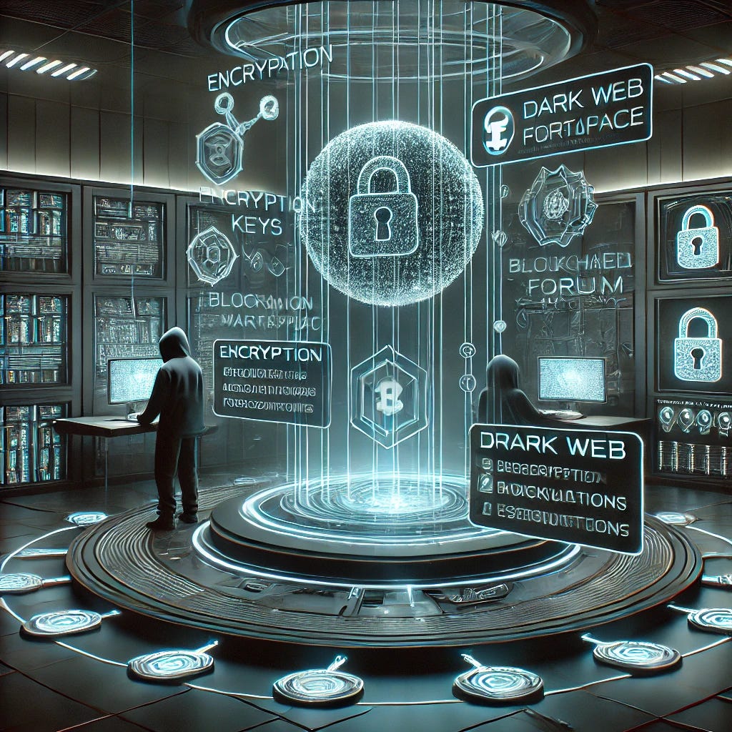 An alternative 3D image of a dark web marketplace, with a more minimalistic and mature design, focusing on the technical complexity of encrypted hacking forum accounts. The setting is a high-tech control room with sleek holographic displays showing encryption keys, account transactions, and blockchain escrow mechanisms. The hacker, wearing advanced digital gear, is accessing a dark web portal represented by glowing neon data streams that connect to a secure, futuristic server room. The color palette is subdued, using dark tones with sharp neon lines, emphasizing precision and technical mastery.