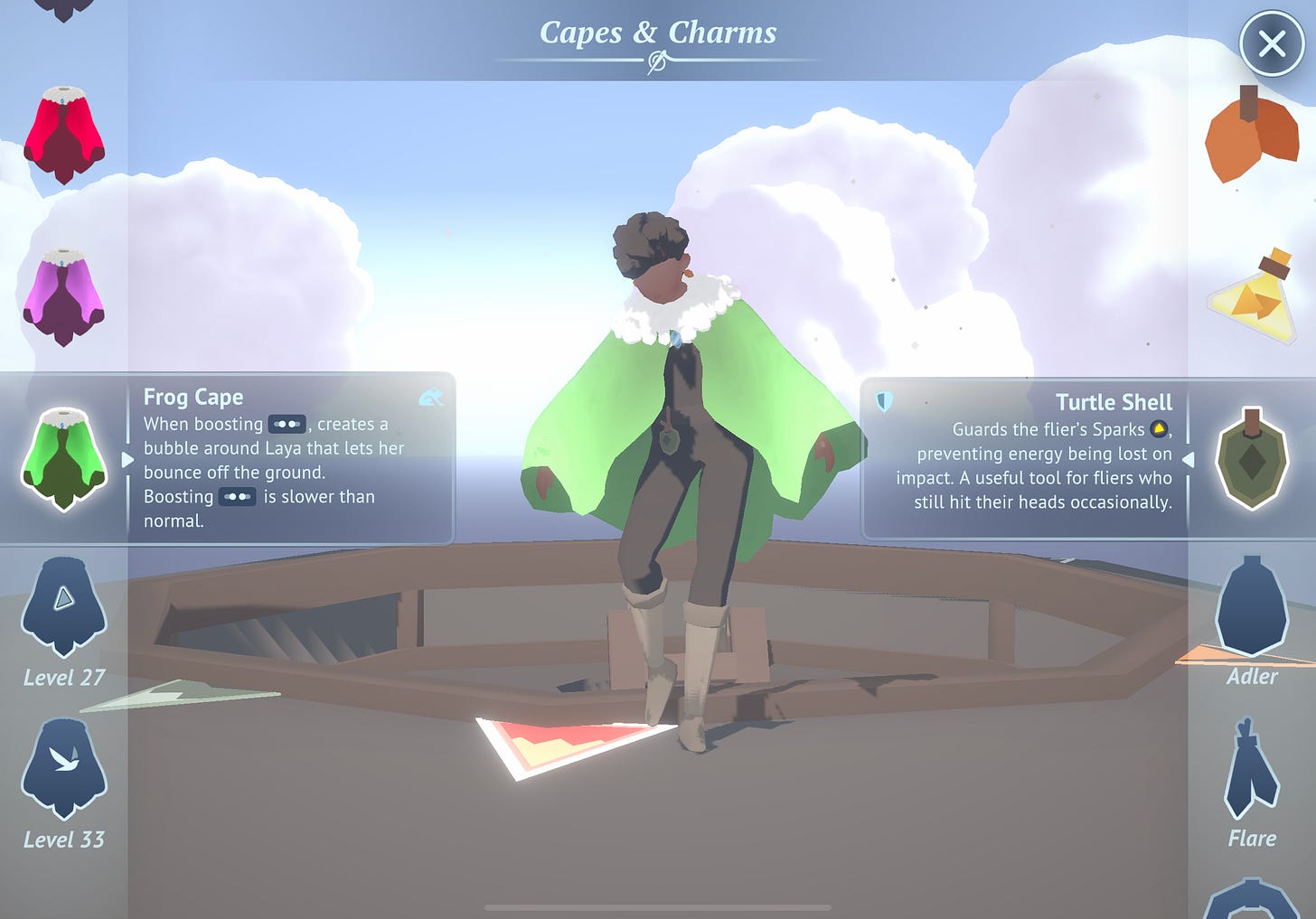Capes and Charms. Two columns of capes and charms on each side of the screen. Frog cape on left, that lets you boost and bounce off the ground. Turtle shell on right, that guards your sparks on collisions.