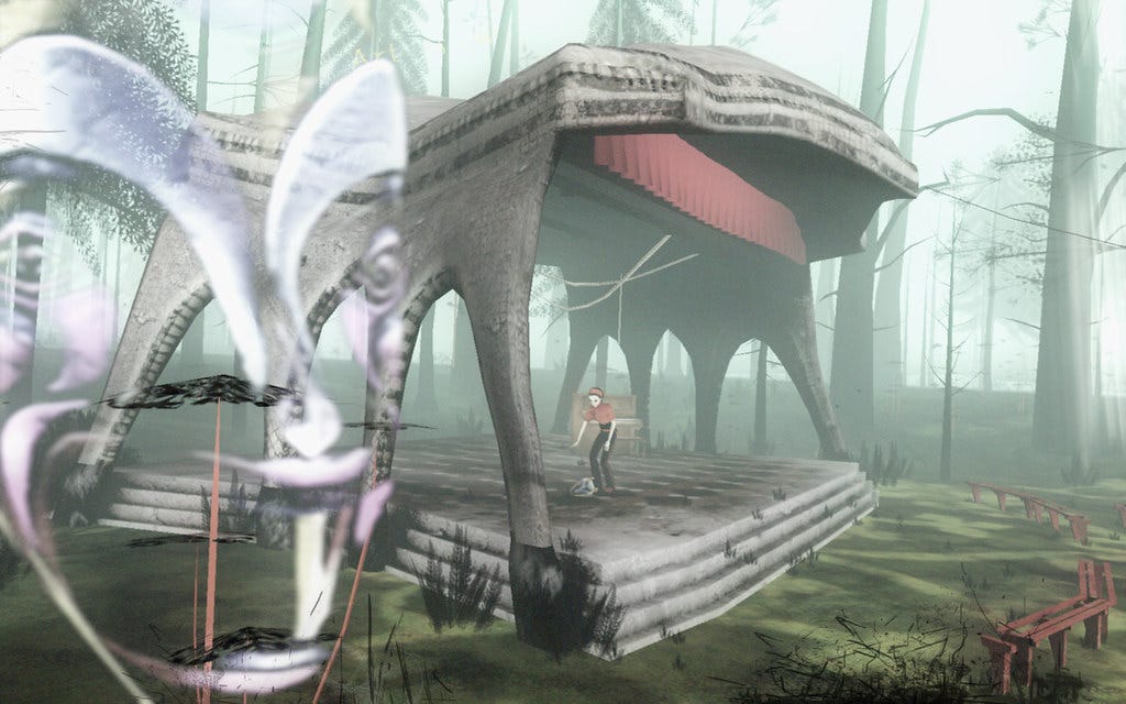 A picture of an overgrown stage in the middle of the forest. We see Scarlet standing on it ,reaching for a discarded mask that is lying in the center. Over her shoulder we can see an upright piano.