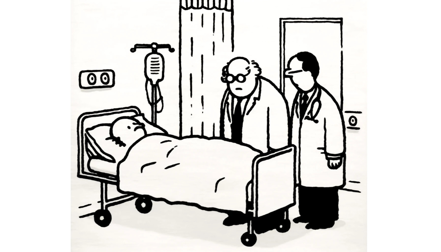 A very minimal black and white line drawing of a newspaper cartoon showing a sick patient lying in a hospital bed in the background. In the foreground, an older doctor is speaking with two younger doctors about the patient. The drawing has only the suggestion of shapes with very light, thin lines and no large black areas. The background is completely white, with faint lines indicating the characters and setting. The cartoon has a light-hearted, humorous tone typical of newspaper comics.