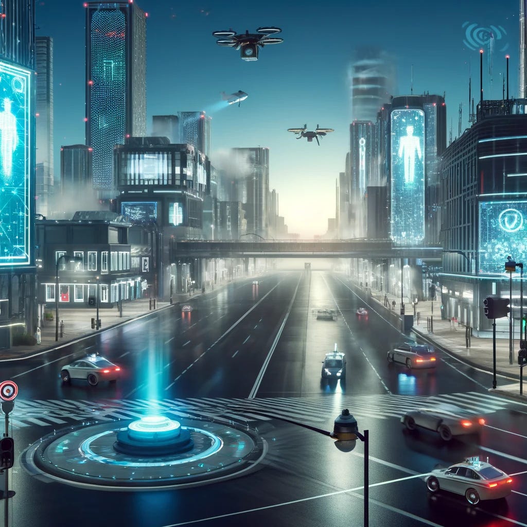 A futuristic cityscape with towering digital billboards, AI surveillance cameras on streetlights, smart traffic intersections glowing with sensors, and self-driving cars navigating the streets. In the background, drones patrol the sky while sleek, modern buildings house advanced digital infrastructure. The city has a sleek but eerie atmosphere, with a feeling of control and high-tech surveillance.