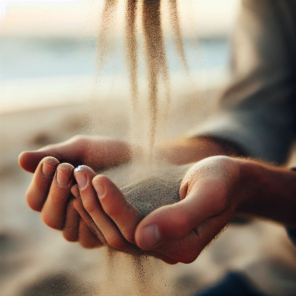 A close-up of a person's hands holding fine sand, with the sand slipping through their fingers. The falling sand swirls in the air, creating a delicate, fading effect as it disappears. The background is softly blurred, evoking a sense of time slipping away.