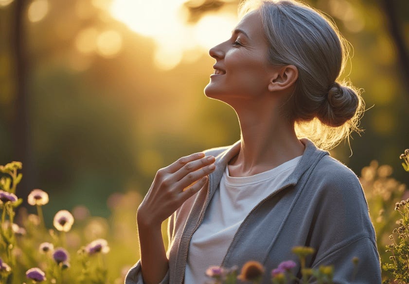 A person smiling with her hand on her chin

Description automatically generated